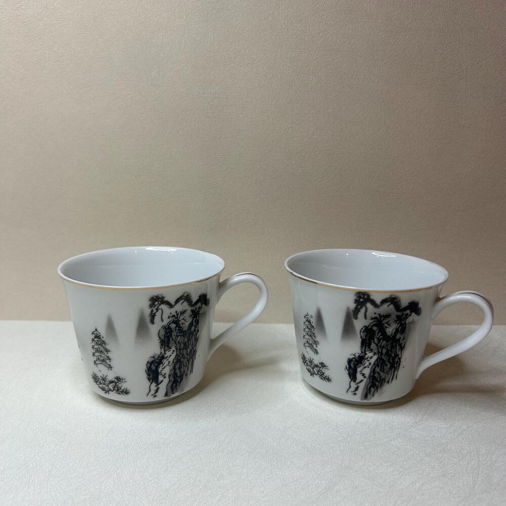 Vintage Kutani Japan Black and White Sumi-e Landscape Tea Cups - Pair